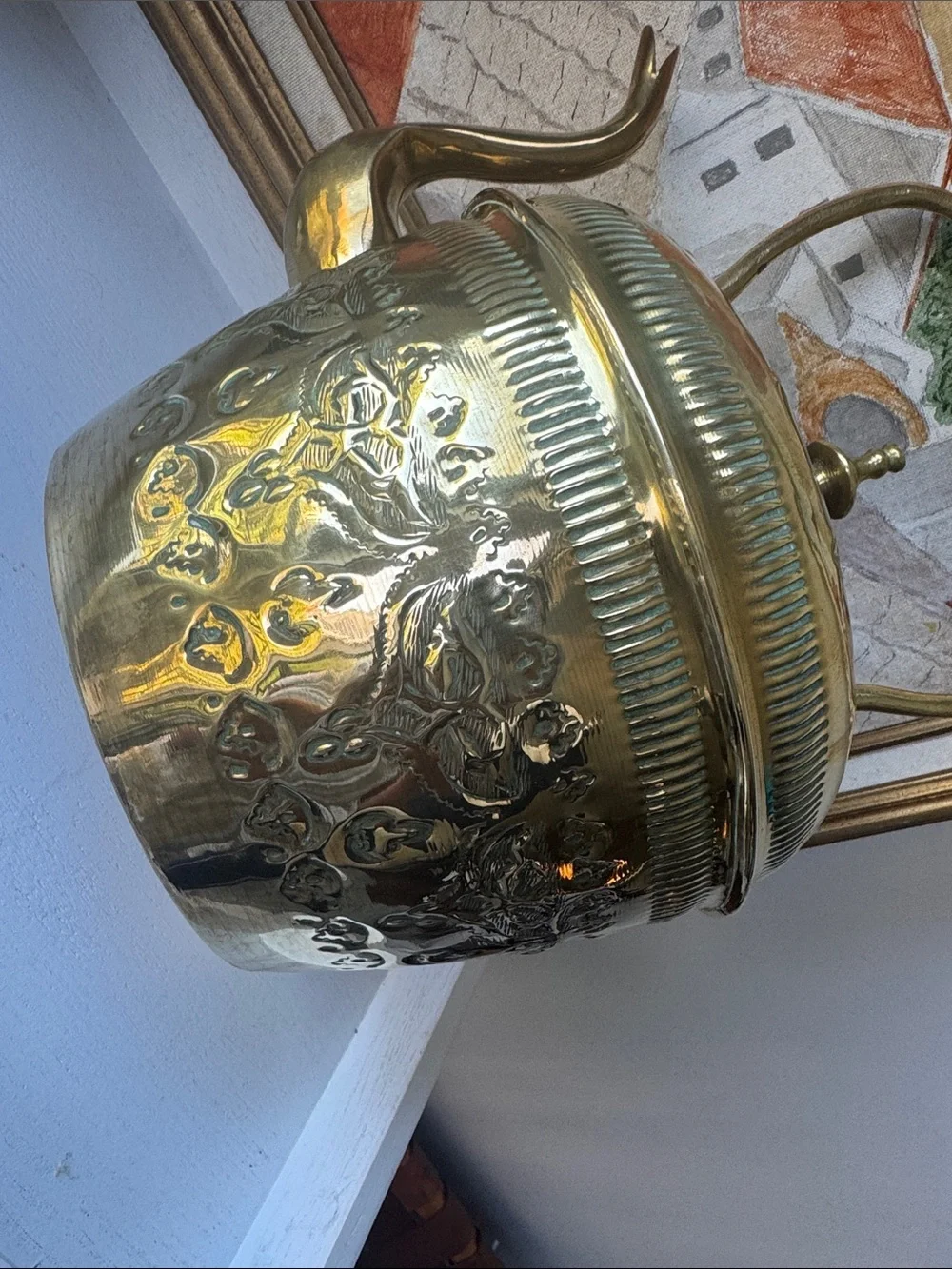 Decorative Gold Brass Kettle with Embossed Detail